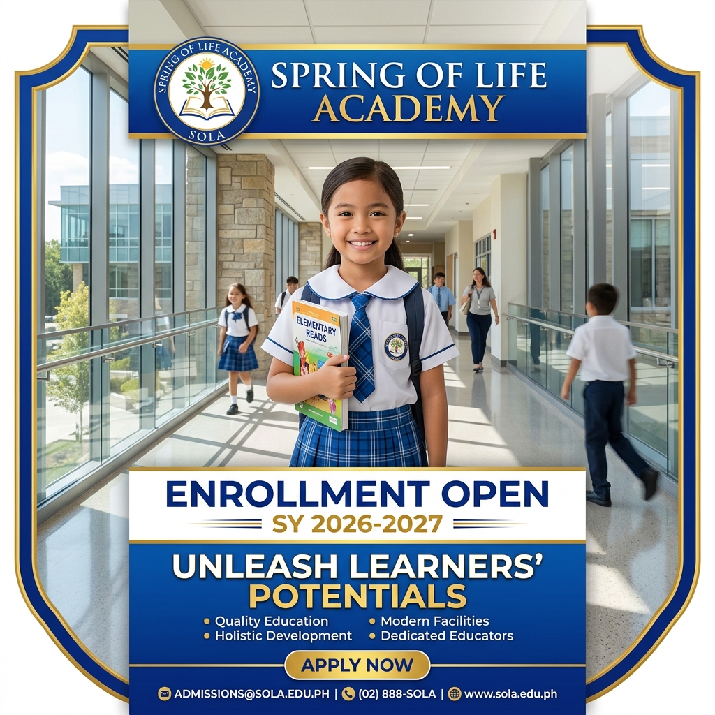 Spring of Life Academy SY 2026-2027 Enrollment Poster featuring a warm, smiling elementary student